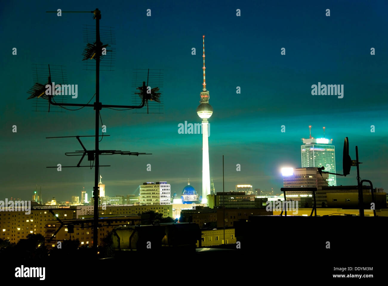 TV Tower at night, Alexanderplatz square, Berlin Stock Photo