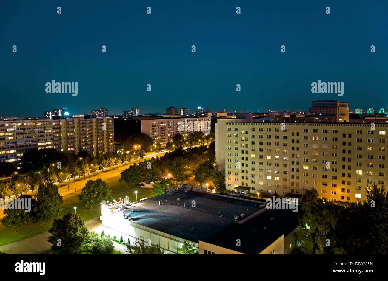 Prefabricated high-rise buildings at night, Mitte district, Berlin Stock Photo