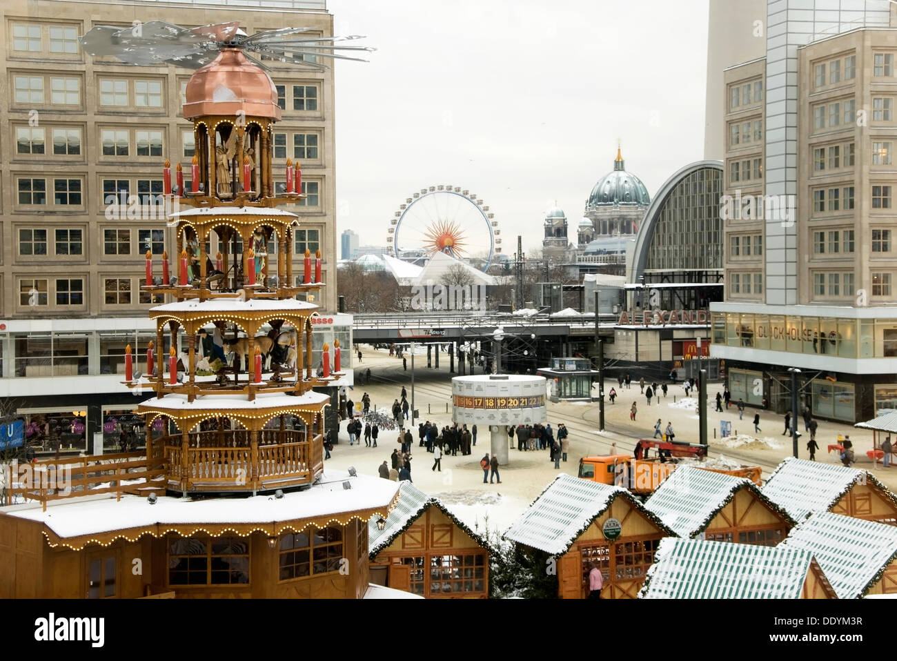 Christmas market with Christmas pyramid from the Erzgebirge region, Alexanderplatz square, Berlin Stock Photo