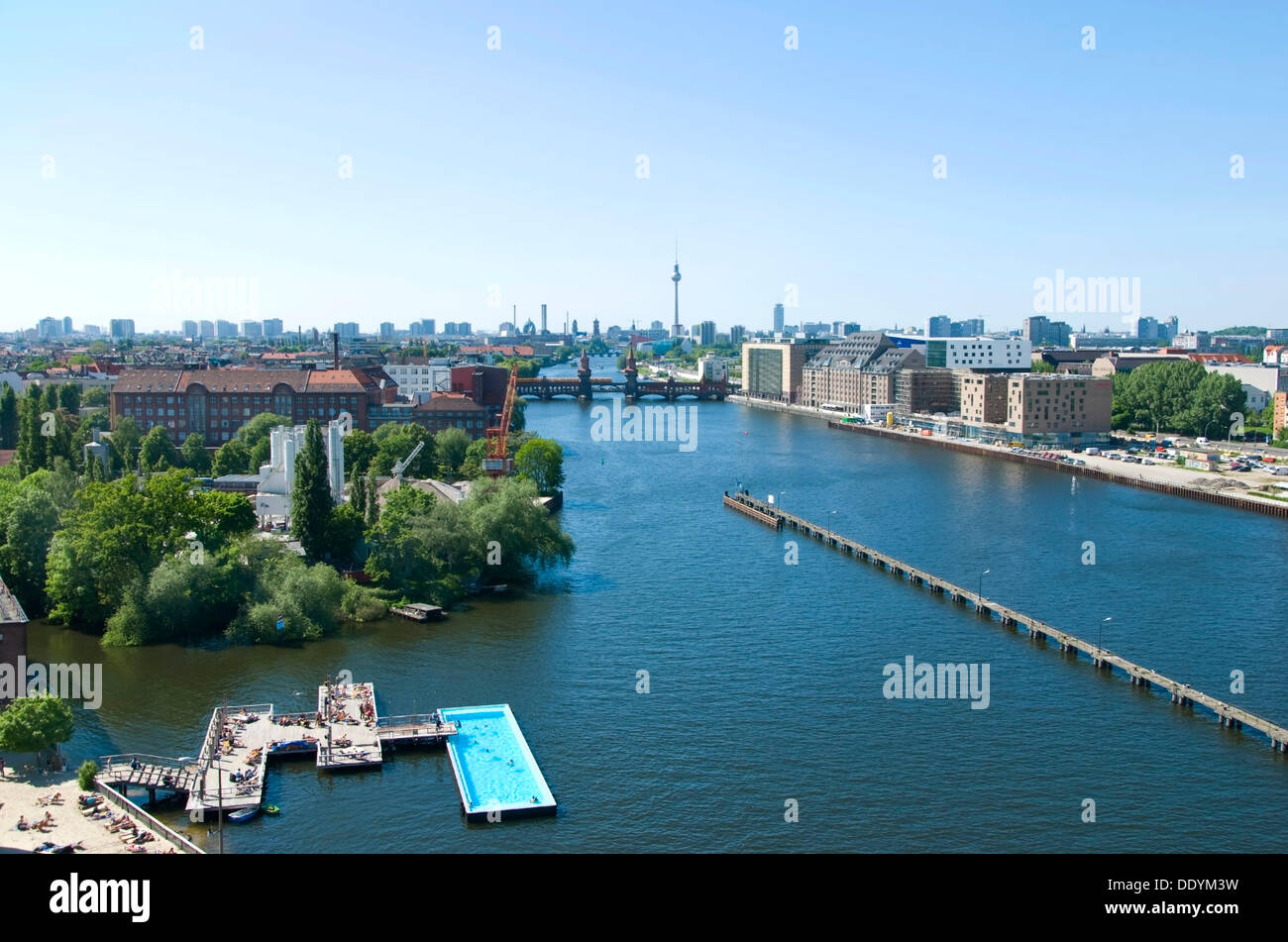 Oberbaumbruecke bridge and a bathing island, skyline, Lake Rummelsburg, Treptow, Berlin Stock Photo