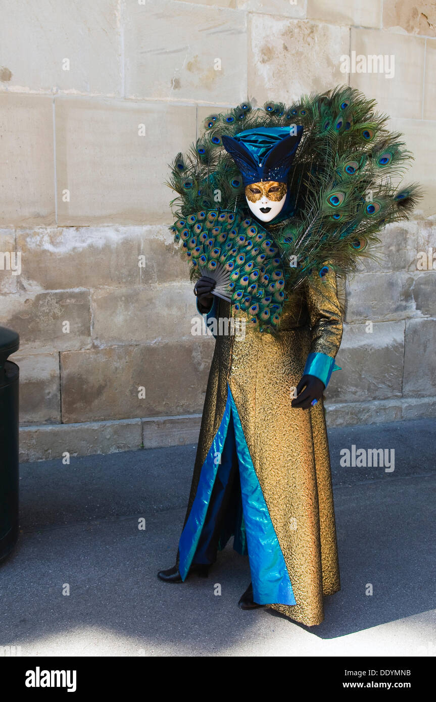 Performer wearing a mask and costume with peacock feathers, Venezianische Messe, Venetian festival, Ludwigsburg Stock Photo