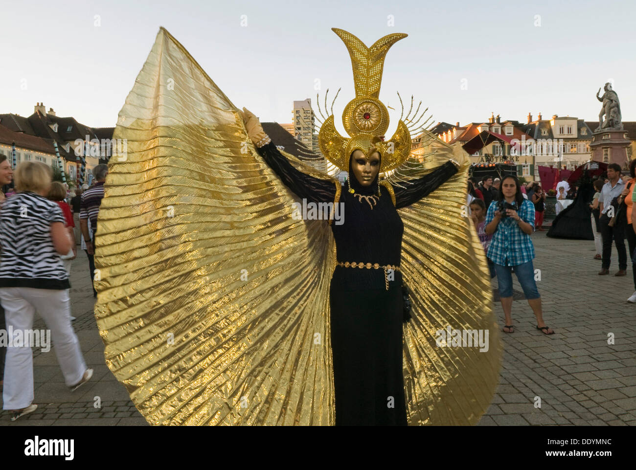 Performer wearing a golden mask and a golden costume, Venezianische Messe, Venetian festival, Ludwigsburg, Baden-Wuerttemberg Stock Photo
