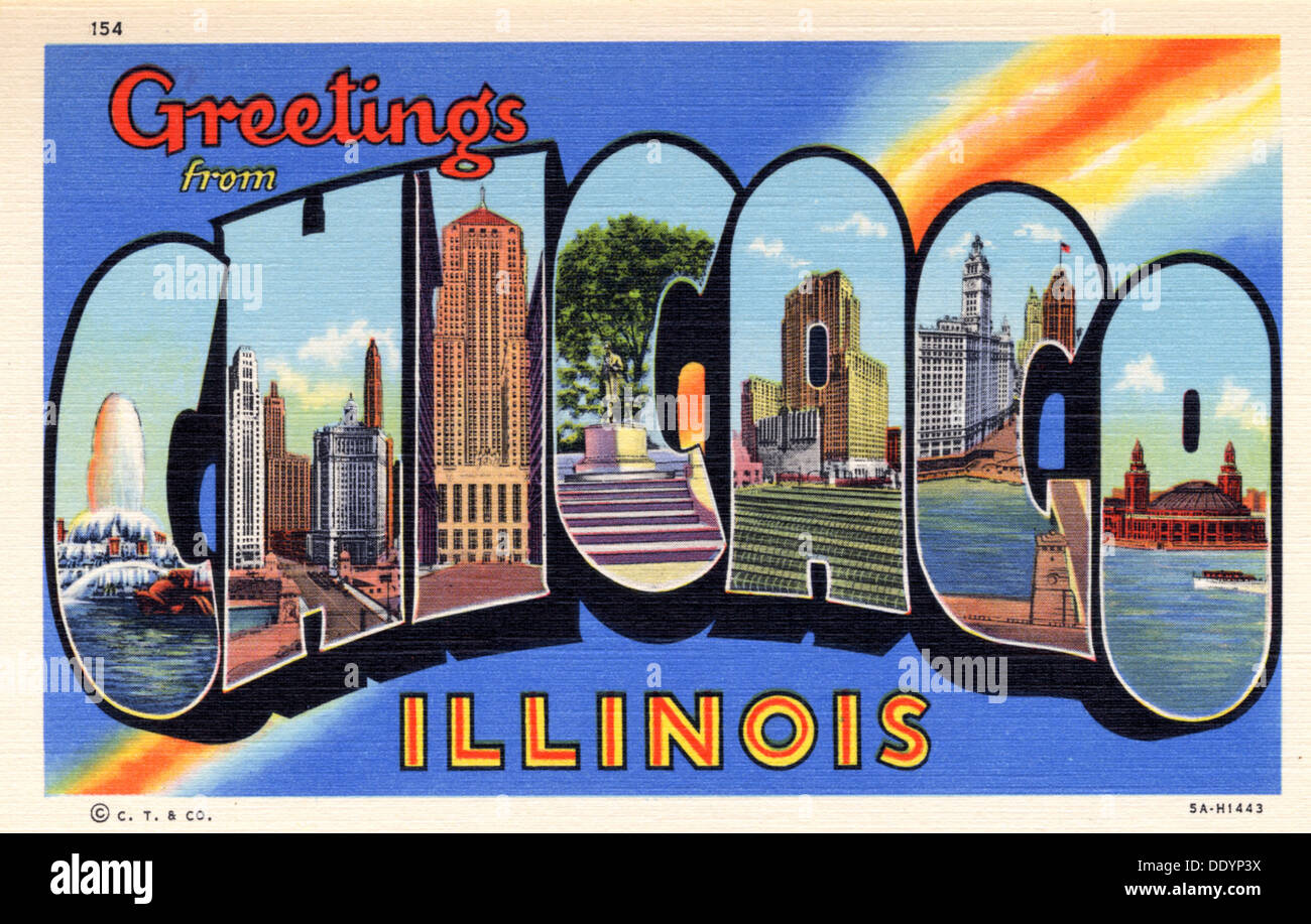 'Greetings from Chicago, Illinois', postcard, 1935. Artist Unknown
