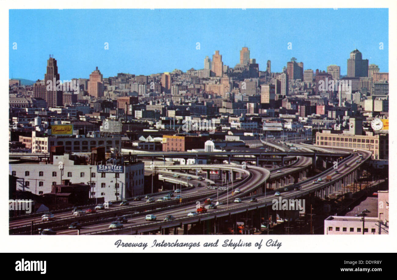 Freeway interchanges and skyline of San Francisco, California, USA, 1957. Artist: Unknown Stock Photo
