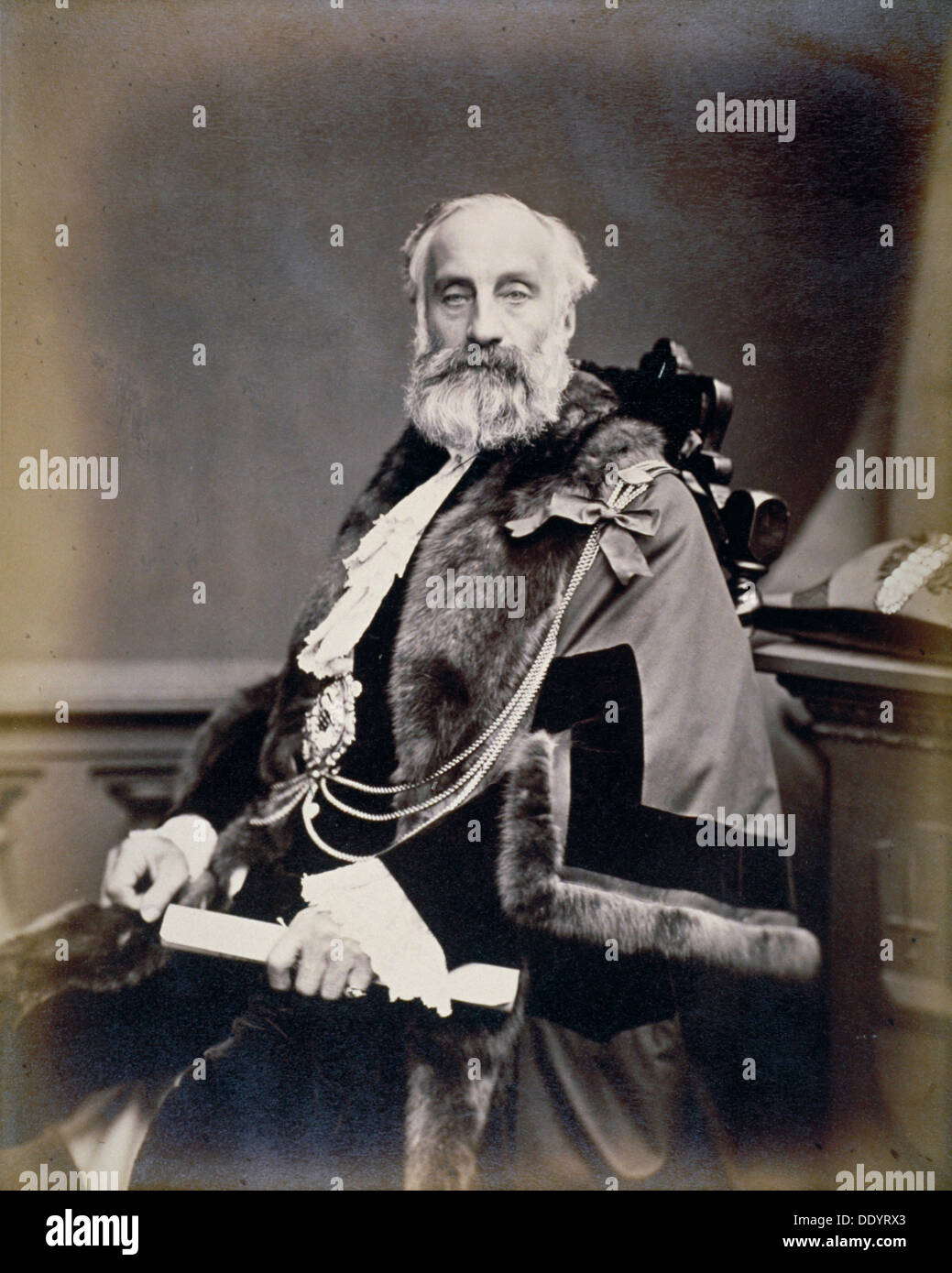 Mr Burt, Sheriff of London, wearing scarlet gown, shrieval badge and chain, c1865. Artist: Maull & Co Stock Photo