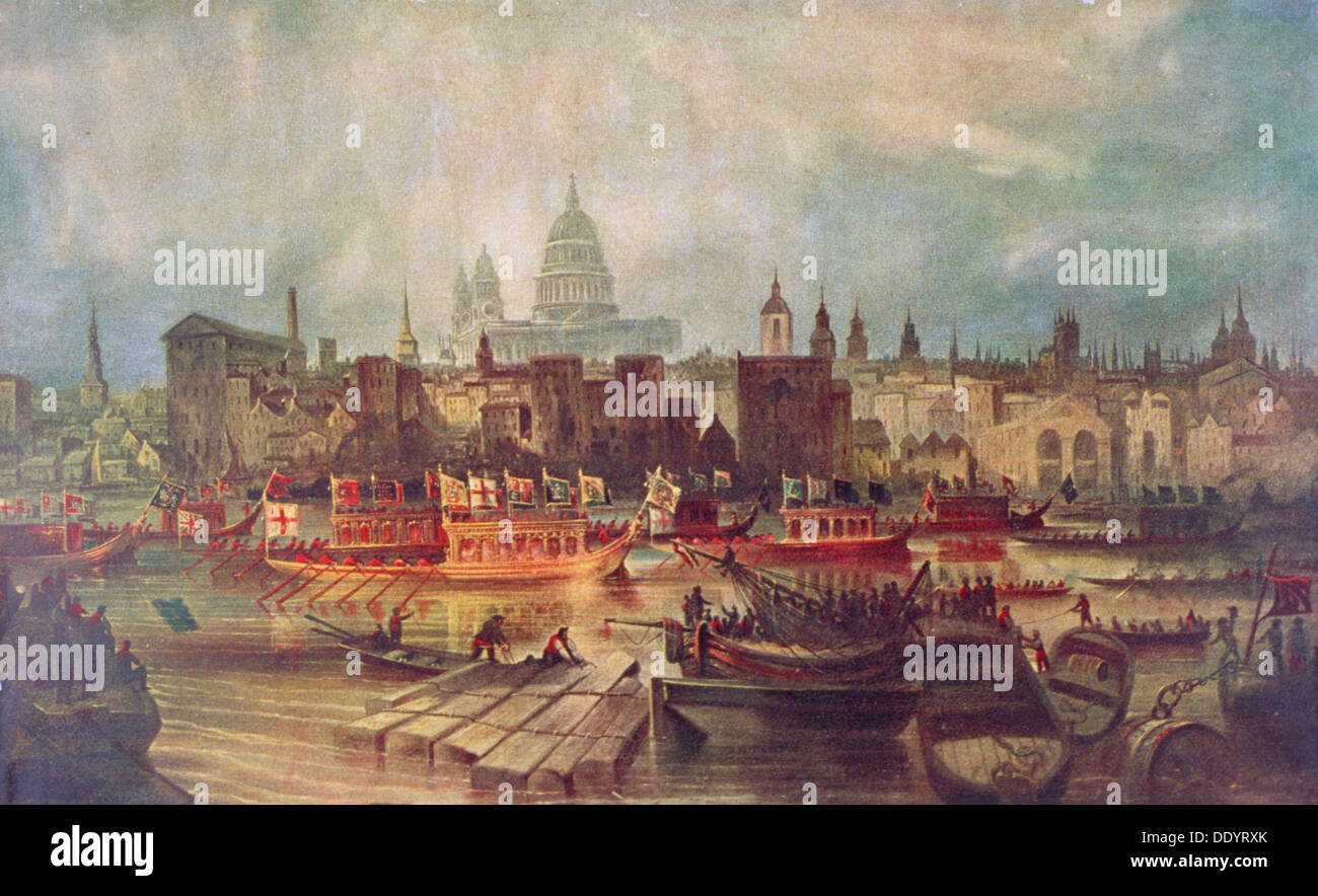 The Lord Mayor's procession by water to Westminster, London, c1820. Artist: Anon Stock Photo