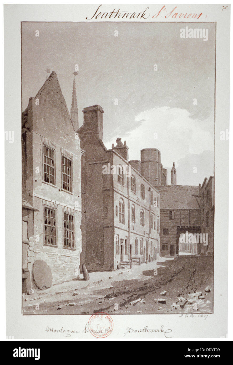View looking towards the gateway of Montague House, Southwark, London, 1827. Artist: John Chessell Buckler Stock Photo