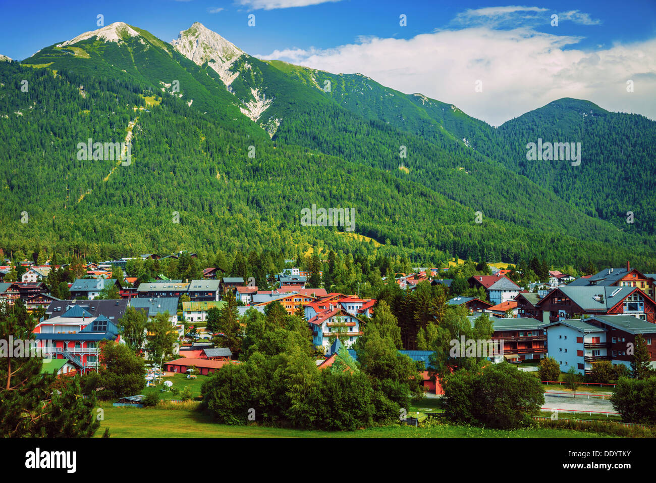 Little beautiful city in the mountains, Europe, Austria, Seefeld, Alps, famous ski resort, luxury cottages, touristic place Stock Photo