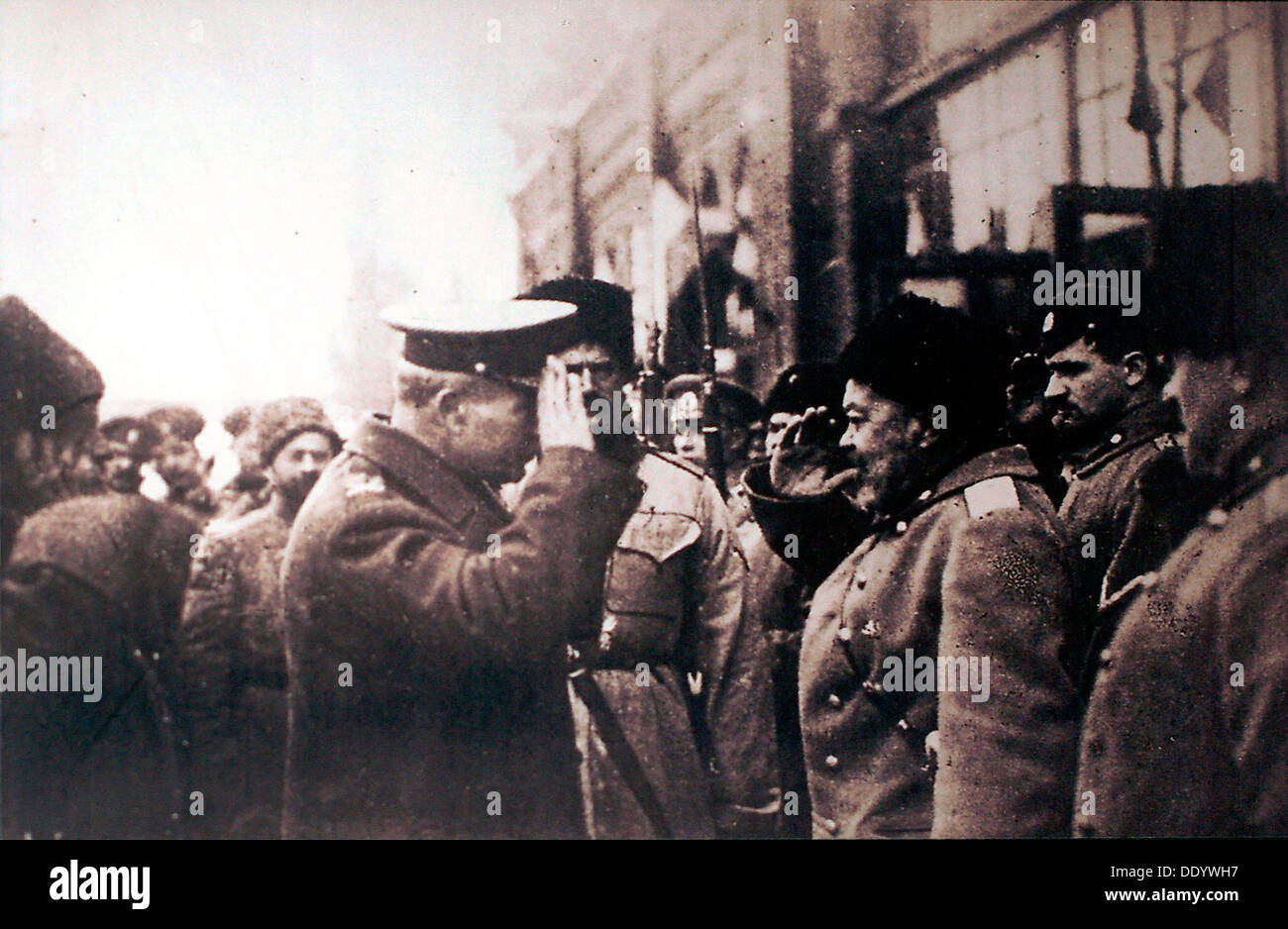White Russian General Anton Denikin mees British Major-General Frederick Poole, Russia, 1918. Artist: Anon Stock Photo