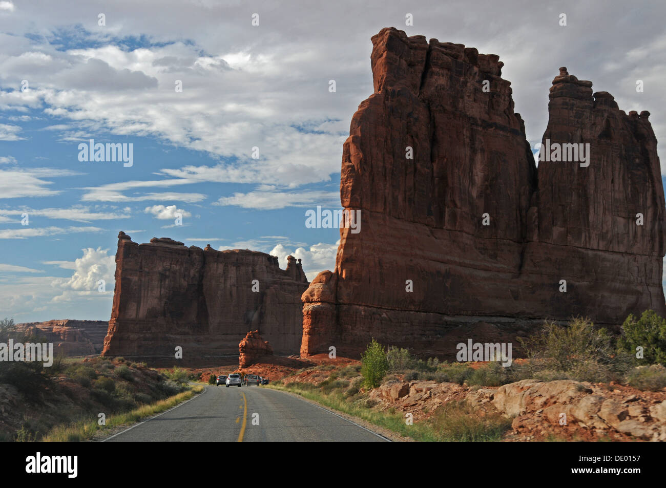 Scenic drive going through Arches National Park in Utah near Petrified Dunes Stock Photo
