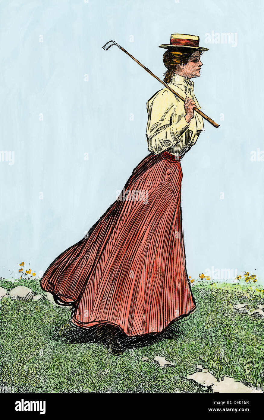 College girl playing golf, circa 1900. Hand-colored woodcut of a Charles Dana Gibson illustration Stock Photo