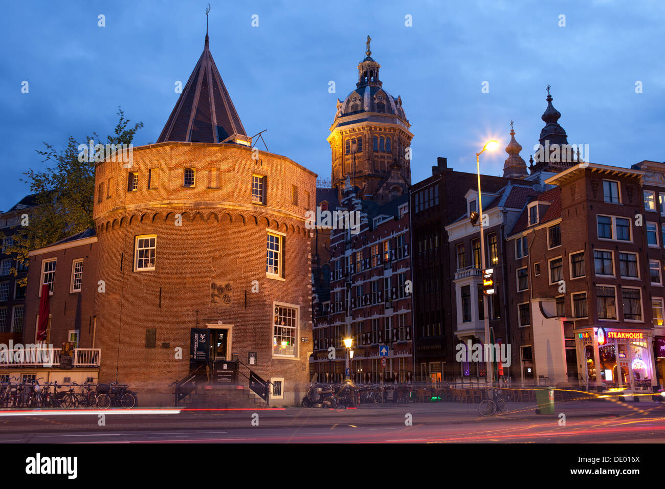 Weeping Tower (Dutch: Schreierstoren) at dusk in Amsterdam, Netherlands. Stock Photo