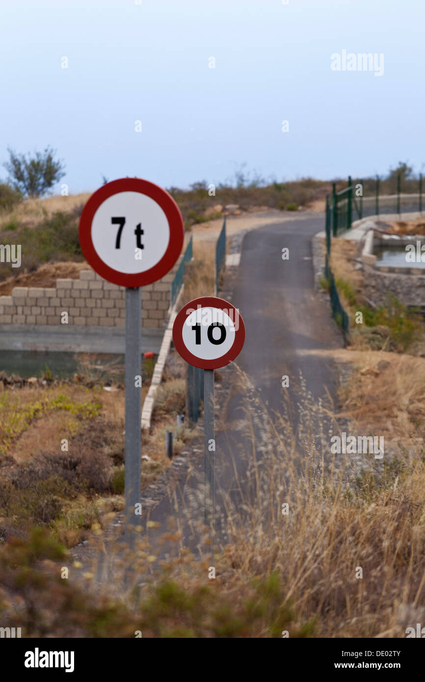 Weight limit and speed limit signs on a single track road in the mountains near El rio, Tenerife, Canary Islands, Spain Stock Photo