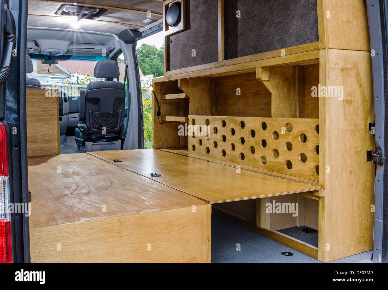 Interior view of Mercedes-Benz Sprinter Cargo Van 2500, being customized as a camper Stock Photo