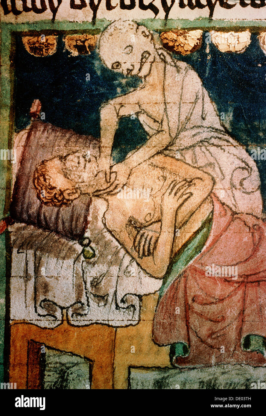 Death strangling a victim of the Black Death, 1376. Artist: Werner Forman