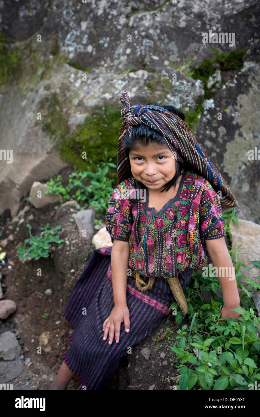 Guatemala indigenous girl in guipil and corte (maya traditional cloting) in Tiera Linda, Solola, Guatemala. Stock Photo