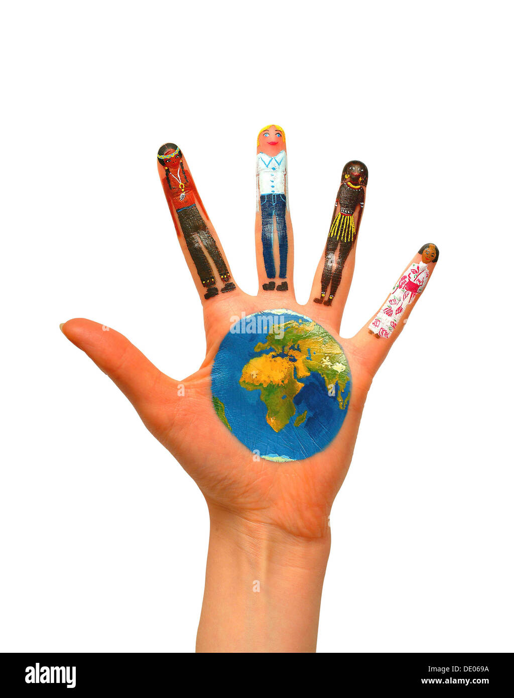 Different nationalities, a Native American, an European, an African, an Asian and the earth painted on a hand Stock Photo