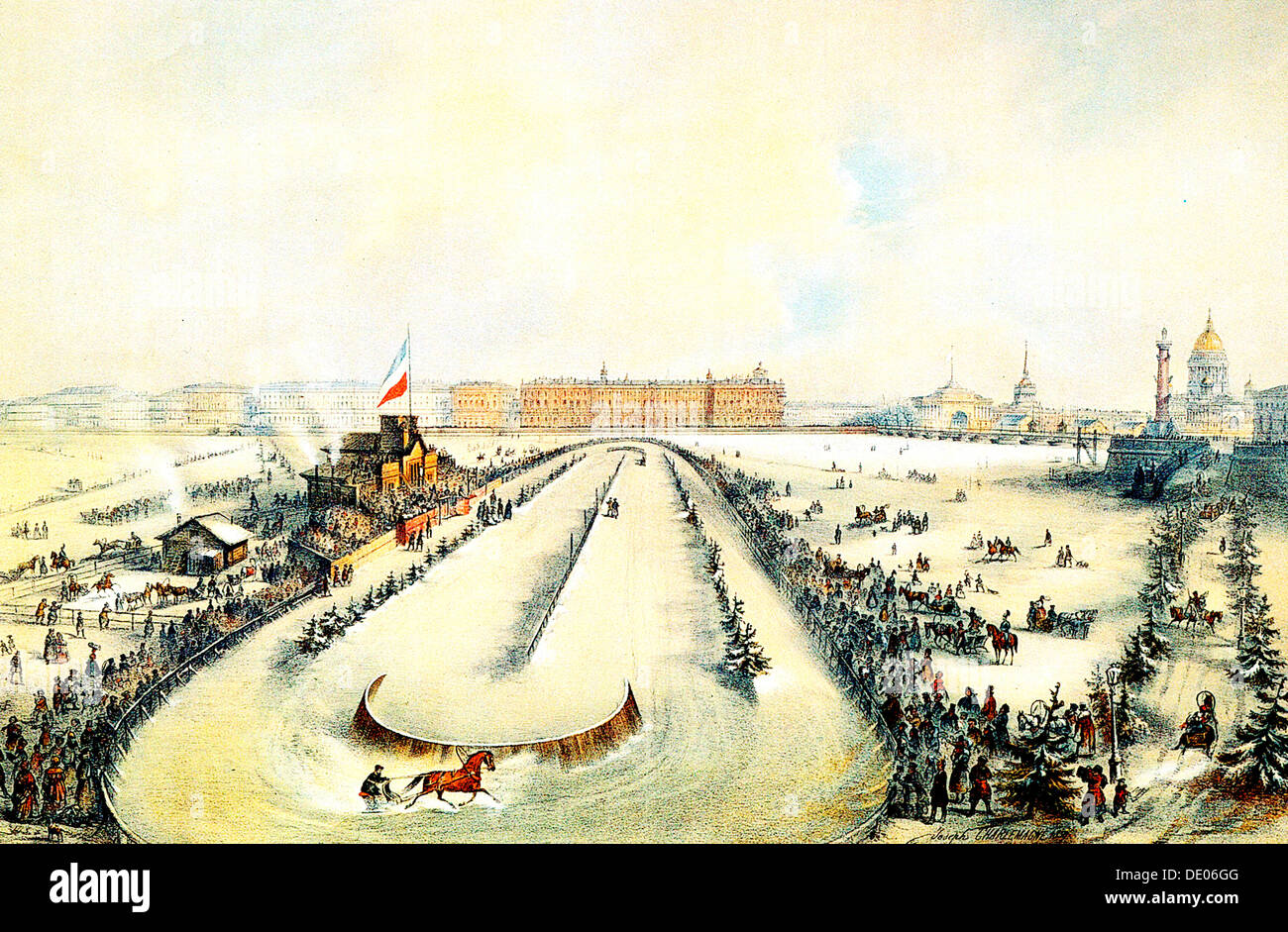 Horse racing on the frozen Neva River in St Petersburg, Russia, 1859.  Artist: Iosif Adolfovich Charlemagne Stock Photo