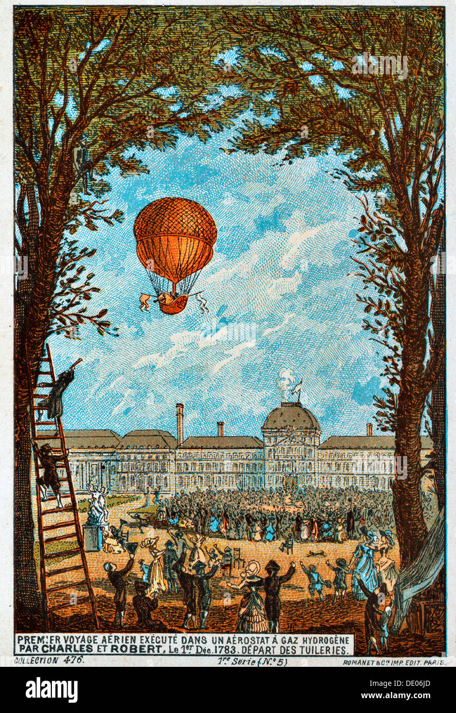 First aerial voyage by Charles and Robert, Paris, France, 1783 (1890s).  Artist: Anon Stock Photo