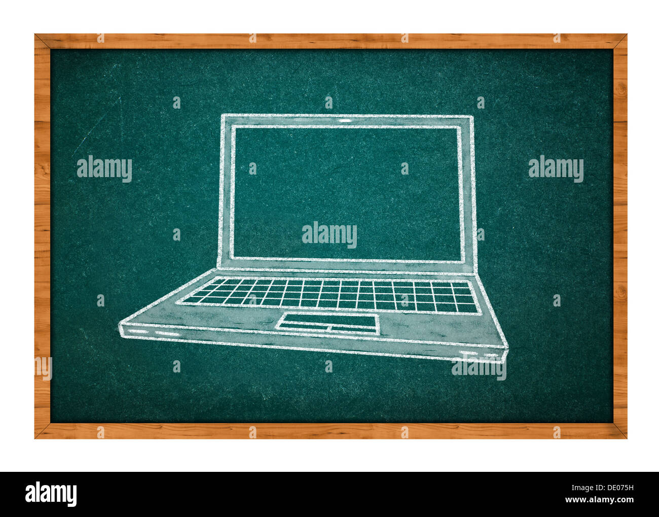 Simple drawing of laptop or notebook computer on a green school chalkboard. Stock Photo