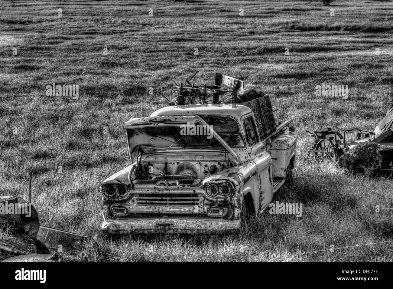 Old abandoned, yellow truck sitting in a grass field. HDR black and white photo with saturated colors and surrealistic. Stock Photo