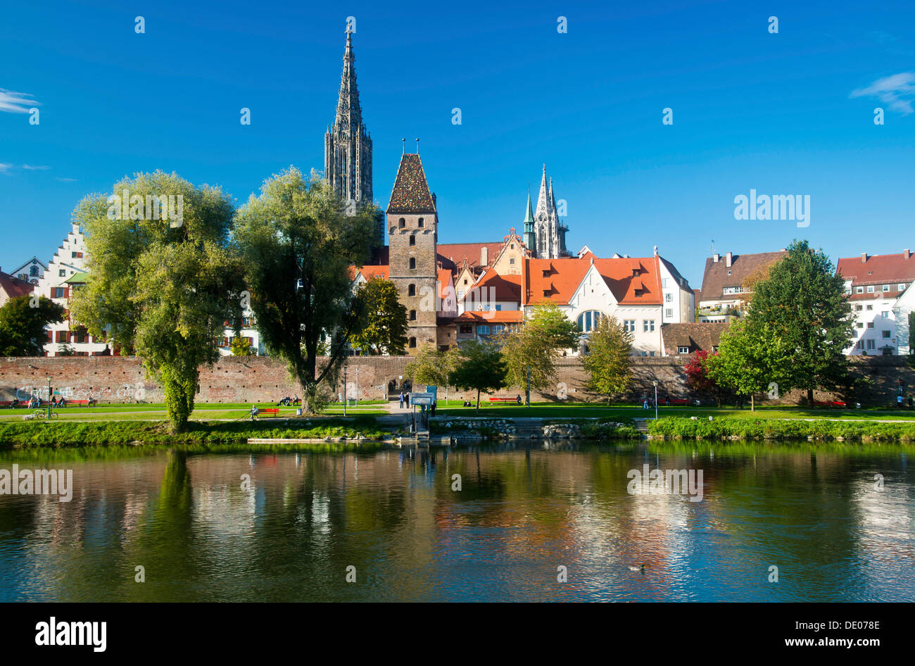 Panorama across the Danube River towards Ulm with Ulm Minster and Metzgerturm, Butchers Tower, Baden-Wuerttemberg, PublicGround Stock Photo