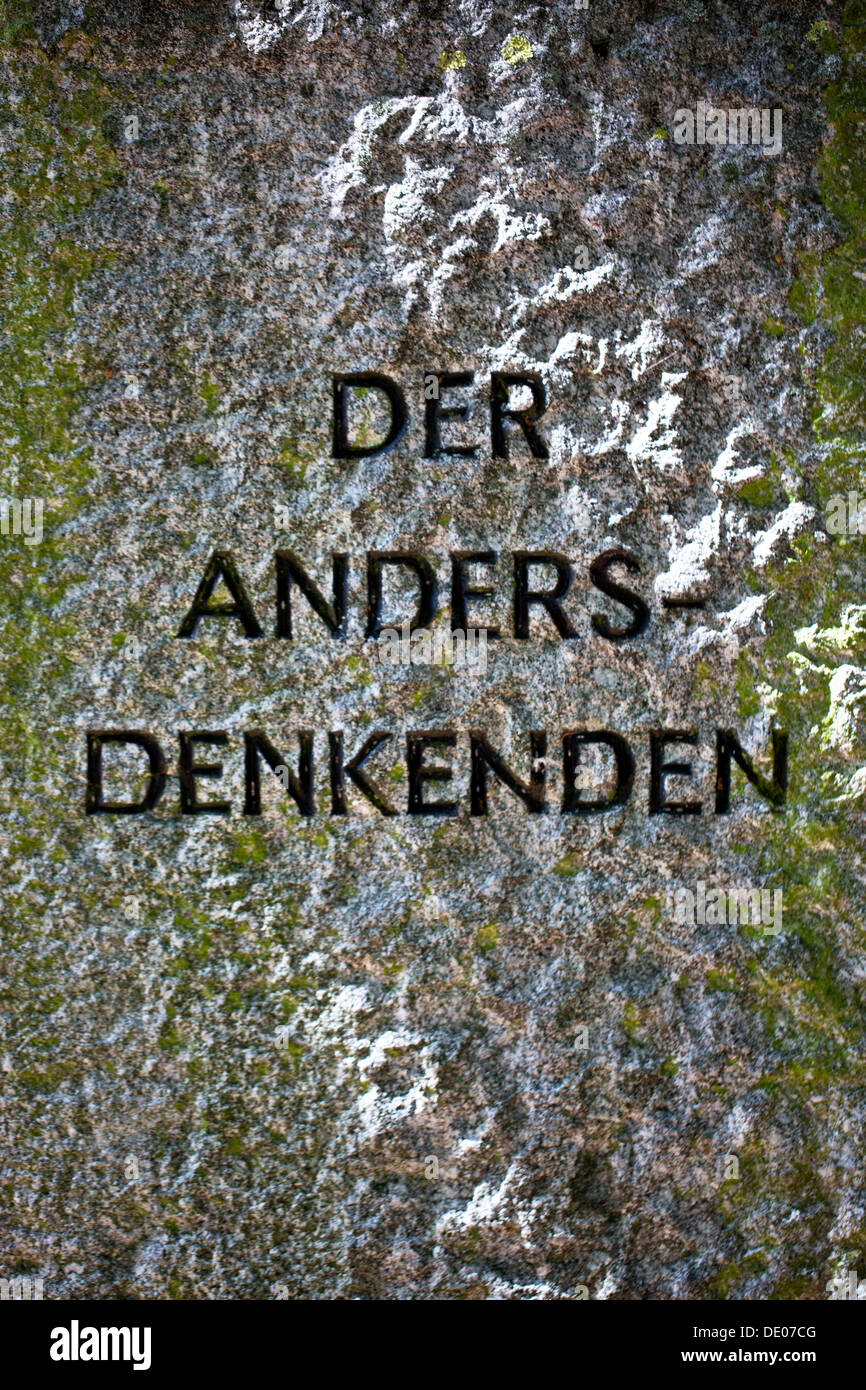 'Der Anders Denkenden', German for 'To those who think differently', inscription on a memorial stone, VVN Monument, Union of Stock Photo
