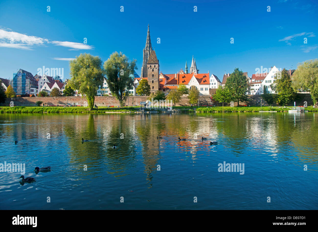 Panorama across the Danube River towards Ulm with Ulm Minster and Metzgerturm, Butchers Tower, Baden-Wuerttemberg, PublicGround Stock Photo