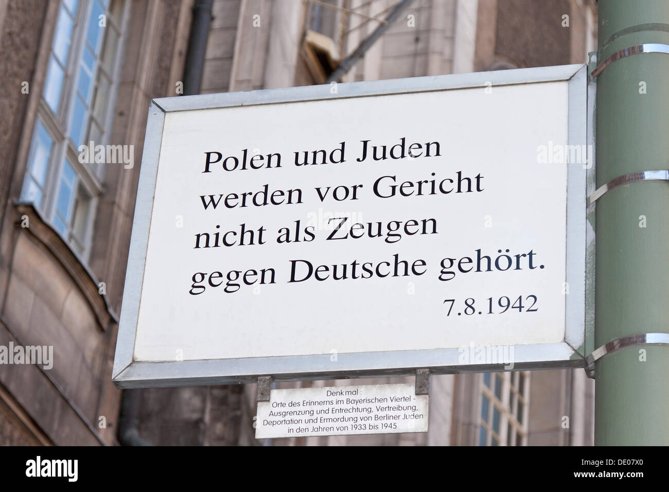 Sign, lettering 'Polen und Juden werden vor Gericht nicht als Zeugen gegen Deutsche gehoert, 7.8.1942', German for 'Poles and Stock Photo