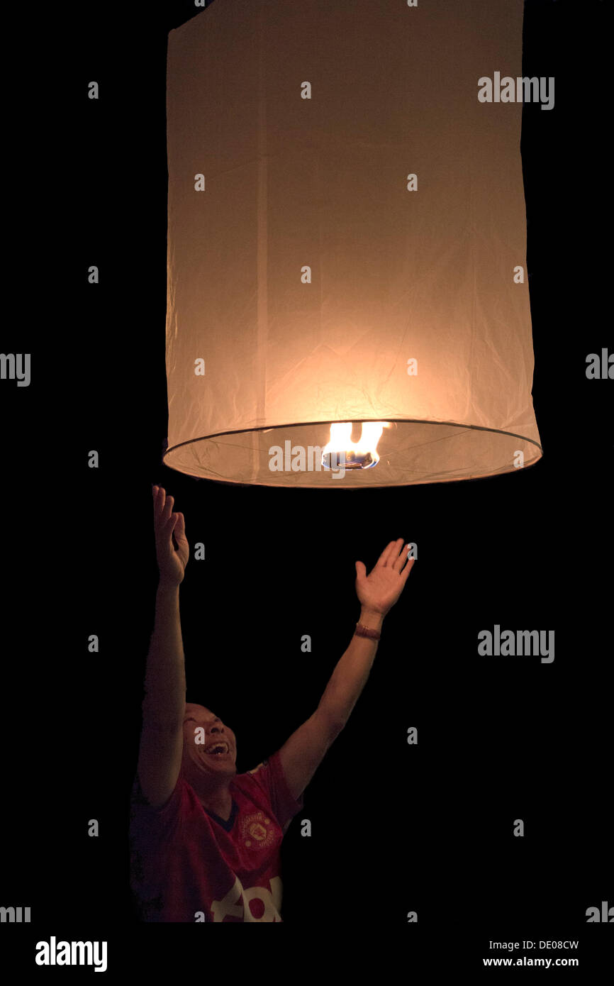 Ascending hot air balloon at the Loi Krathong Festival of Light Stock Photo