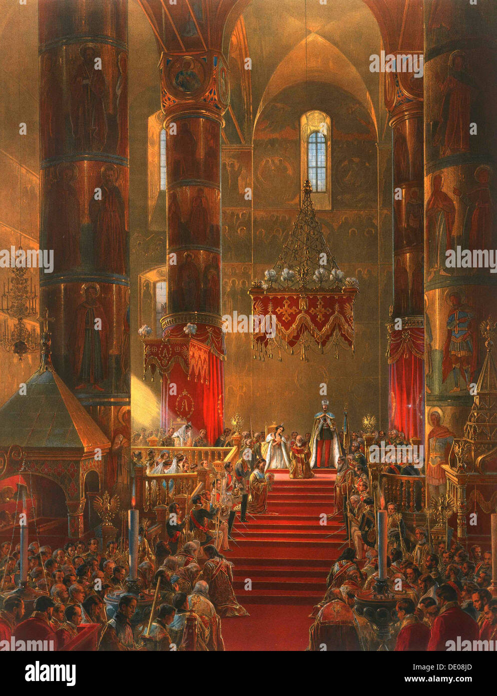 The Metropolitan genuflects at the coronation ceremony of Tsar Alexander II, Moscow, 1856.  Artist: Georg Wilhelm Timm Stock Photo