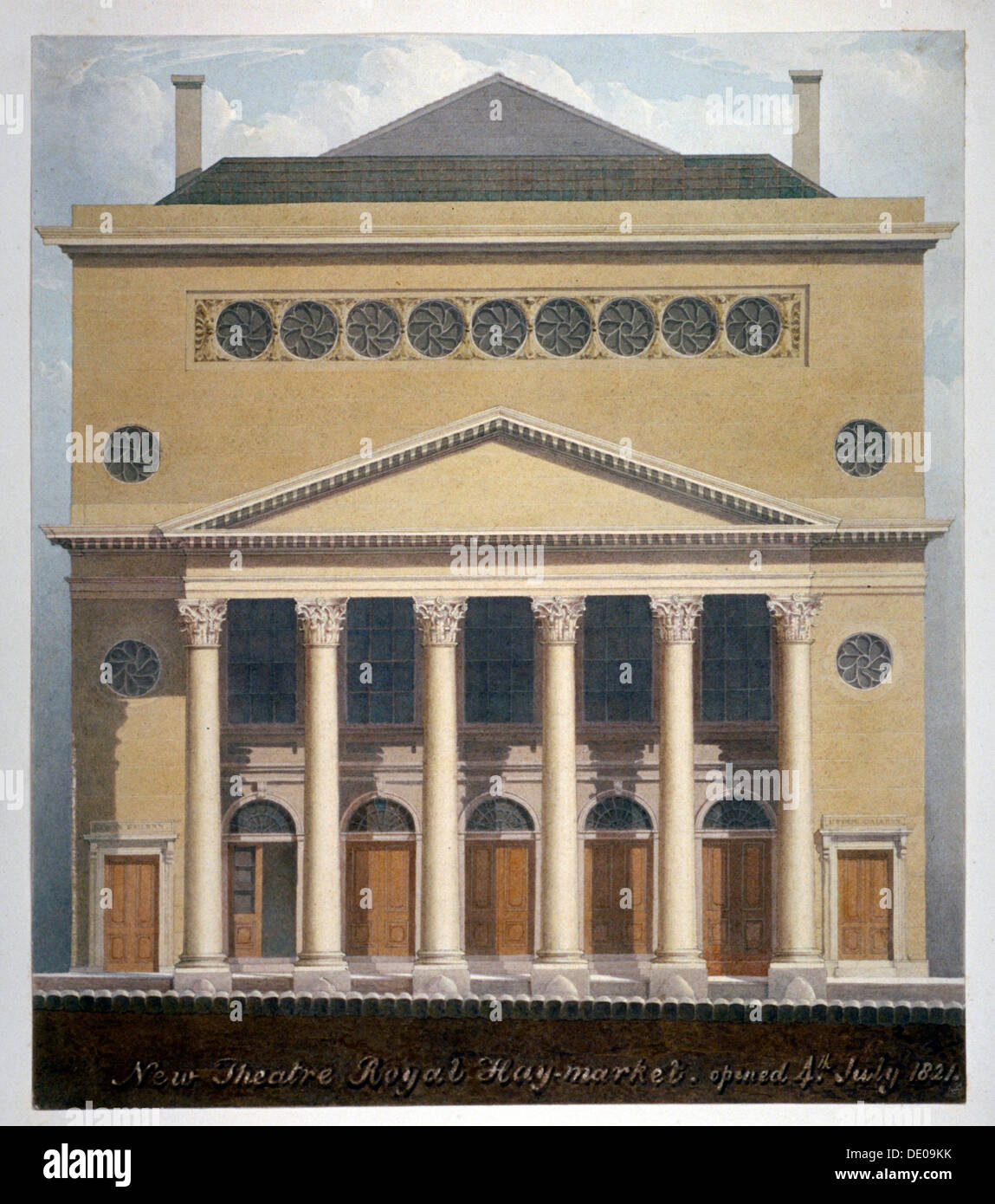 The new Theatre Royal, Haymarket, Westminster, London, 1821.   Artist: Robert Blemmell Schnebbelie Stock Photo