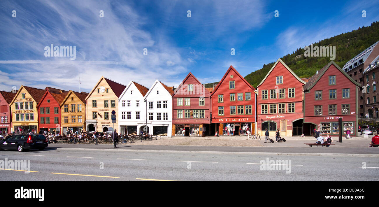 Bryggen on the east side of the Vågen bay, former Hanseatic headquarters, Norway, Scandinavia, Europe Stock Photo