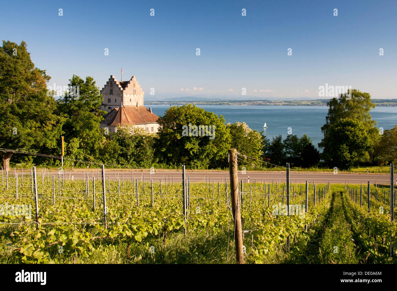 Meersburg Castle, the oldest inhabited castle in Germany, in front of Lake Constance and the Alps, Baden-Wuerttemberg Stock Photo