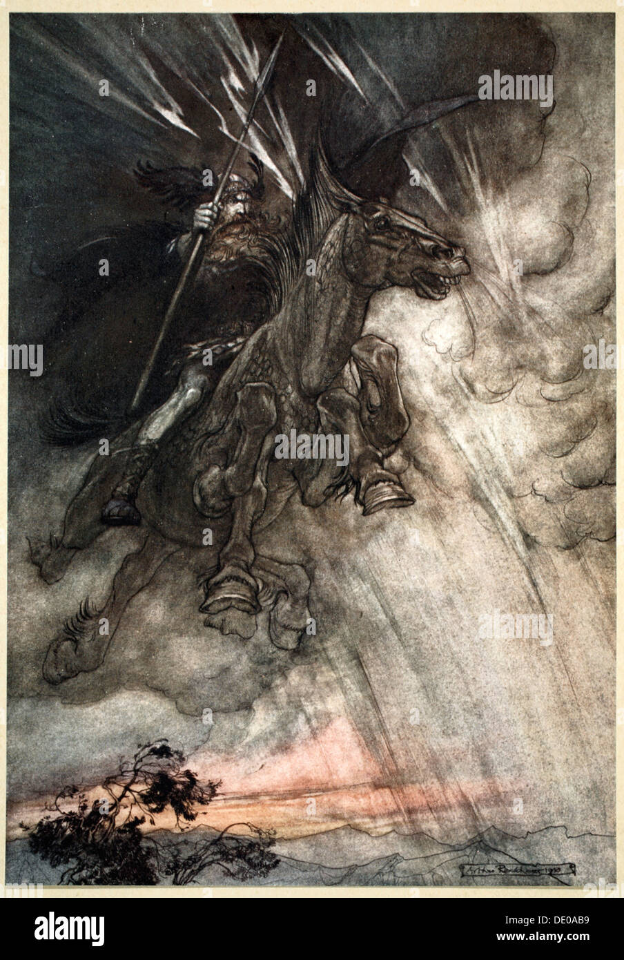 'Raging, Wotan Rides to the Rock! Like a Storm-wind he comes!', 1910.  Artist: Arthur Rackham Stock Photo
