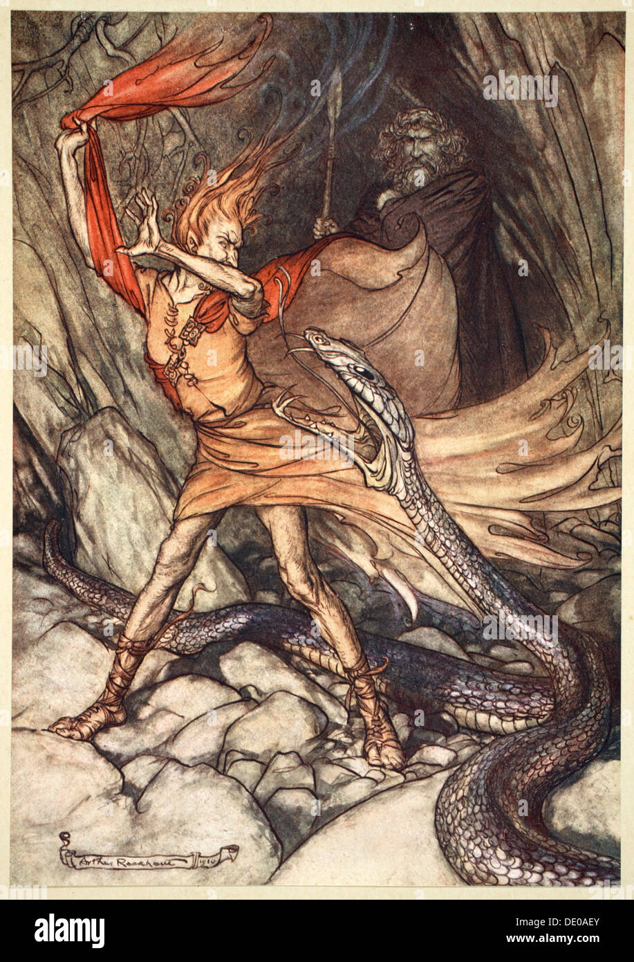 'Ohe! Ohe! Horrible dragon, O swallow me not! Spare the life of poor Loge!', 1910.  Artist: Arthur Rackham Stock Photo