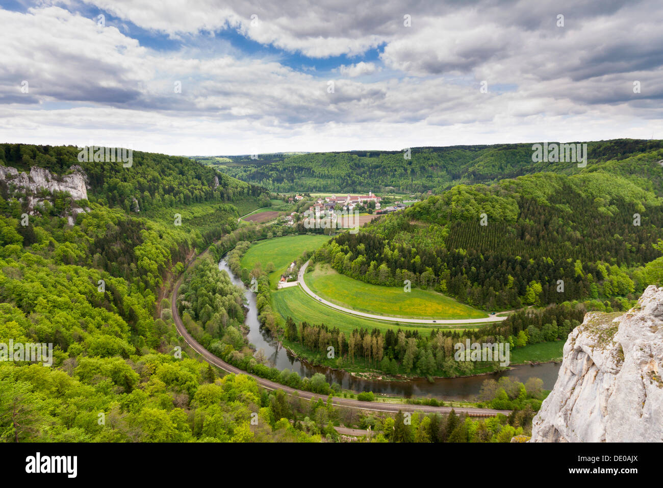 View over the Danube Valley towards Beuron Archabbey in the Danube valley, Beuron, Baden-Wuerttemberg Stock Photo
