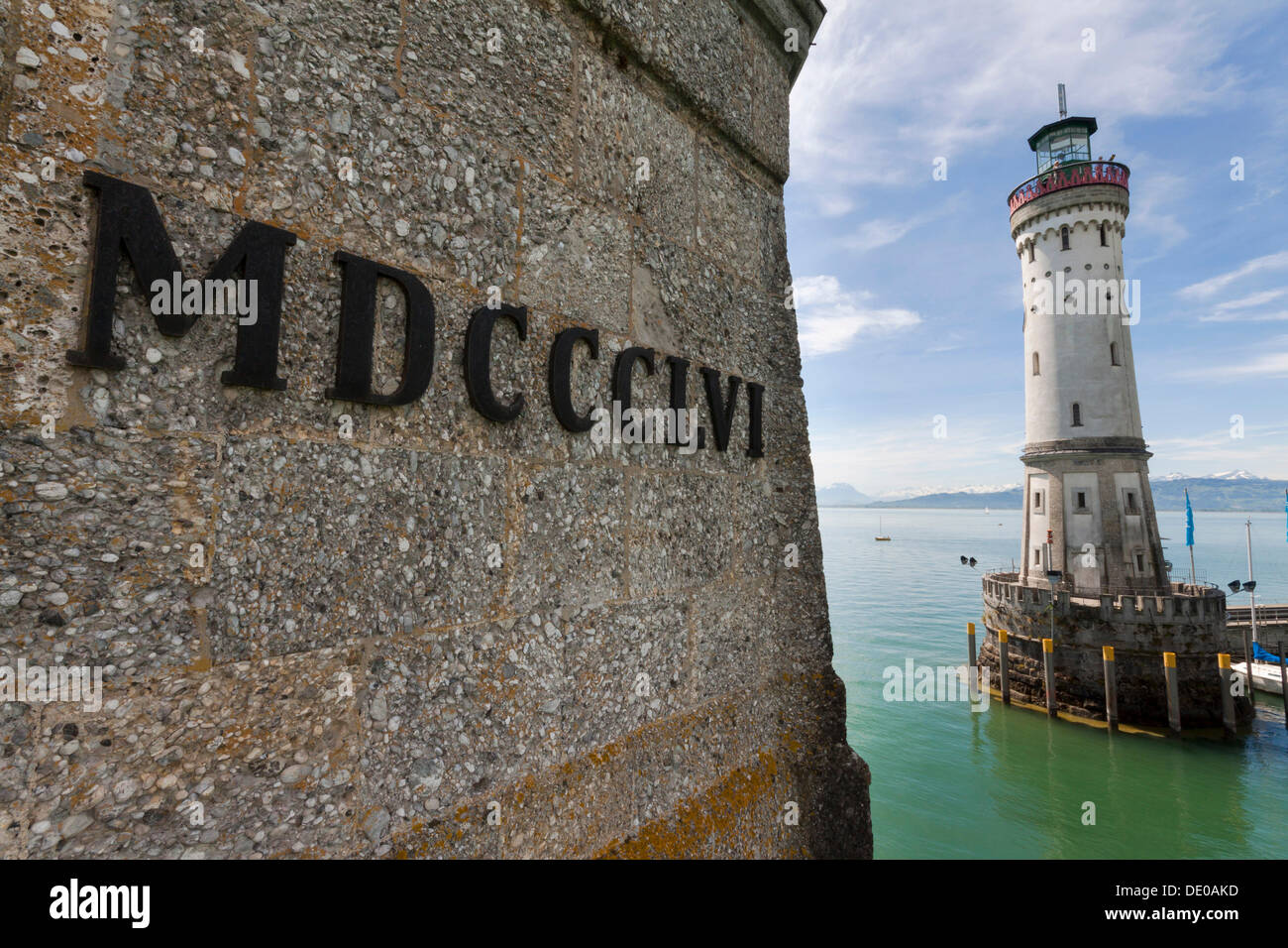 MDCCCLVI, 1856, Roman numerals on the base of the Bavarian lion overlooking the lighthouse at the harbor entrance of Lindau on Stock Photo