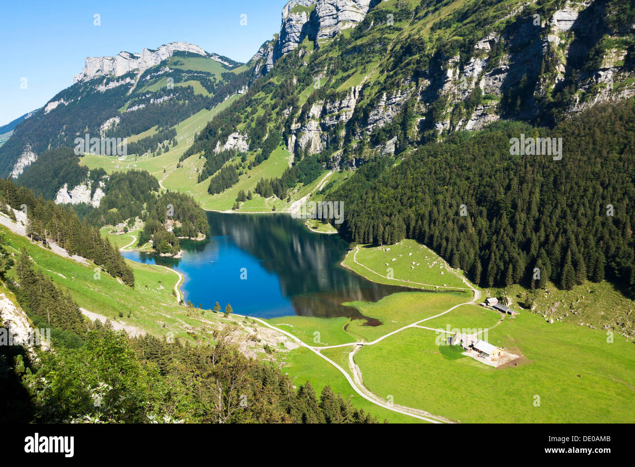Seealpsee Lake in the Alpstein region, Appenzell Innerrhoden, Appenzell Inner Rhodes, Switzerland, Europe, PublicGround Stock Photo