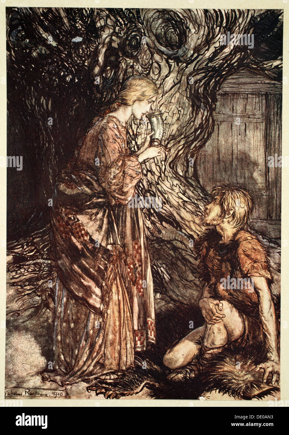 'This healing and honeyed draught of Mead deign to accept from me', 1910.  Artist: Arthur Rackham Stock Photo