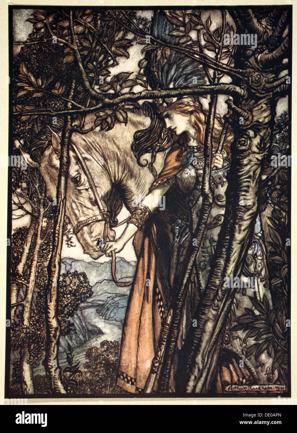 'Brunnhilde slowly and silently leads her horse down the path to the cave', 1910.  Artist: Arthur Rackham Stock Photo