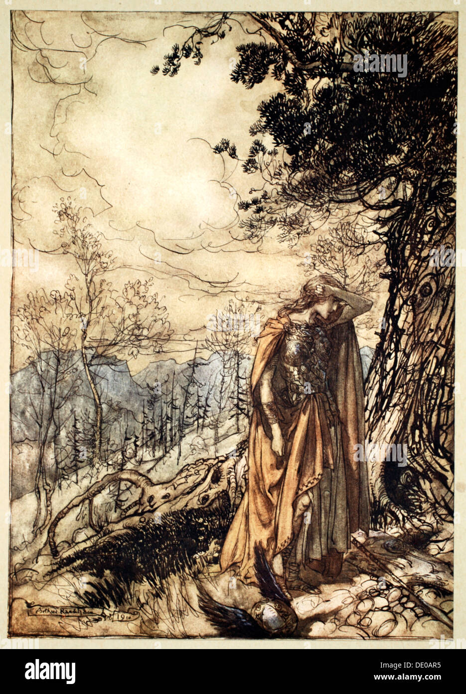 'Brunnhilde stands for a long time, dazed and alarmed', 1910.  Artist: Arthur Rackham Stock Photo