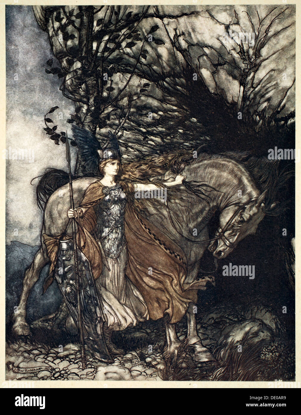'Brunnhilde with her horse at the mouth of the cave', 1910.  Artist: Arthur Rackham Stock Photo