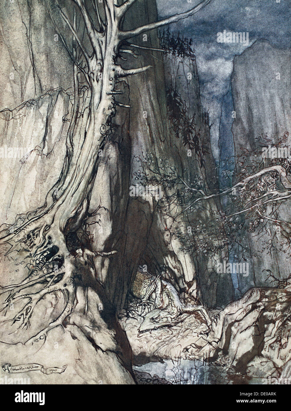 'There is a dread Dragon he sojourns, and in a cave keeps watch over Alberich's ring', 1910.  Artist: Arthur Rackham Stock Photo