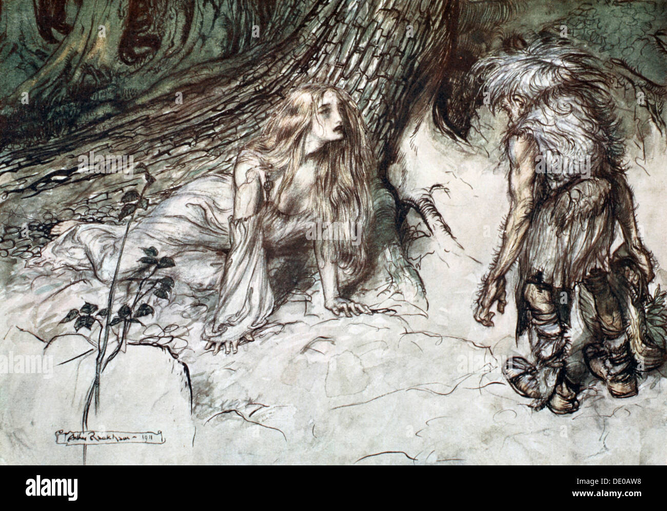 'Mime finds the mother of Siegfried in the forest', 1924.  Artist: Arthur Rackham Stock Photo