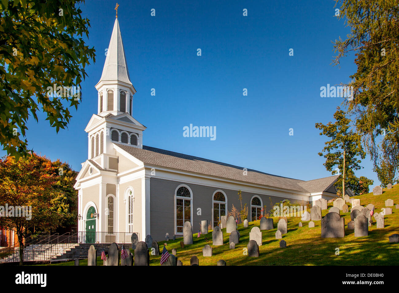 Saint Bernard Catholic Church with Old Hill Burying Ground - the oldest one in Concord Massachusetts USA Stock Photo