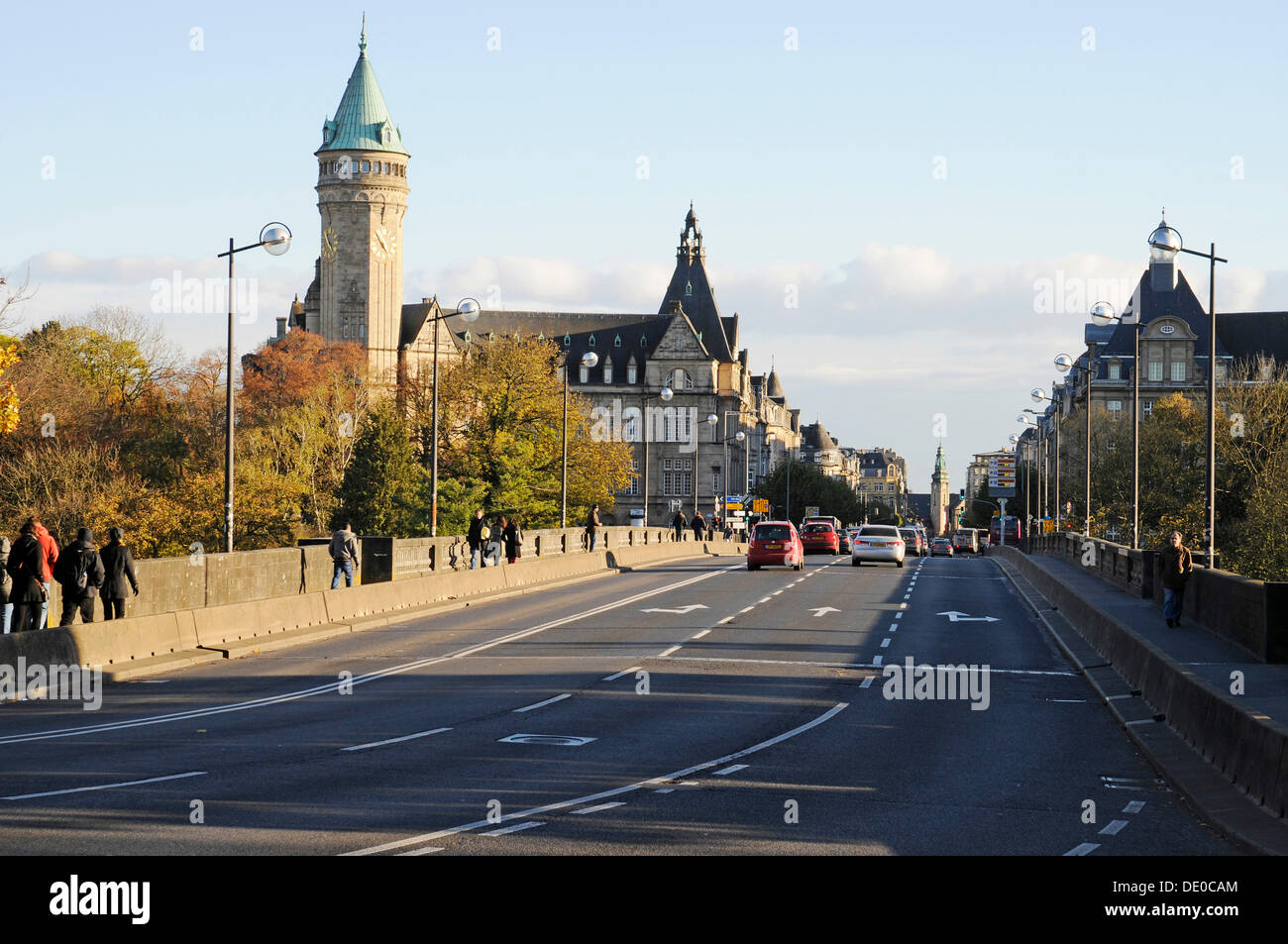 Road over the Adolphe Bridge towards the building of the Staatssparkasse, State Savings Bank, Luxembourg, Europe, PublicGround Stock Photo