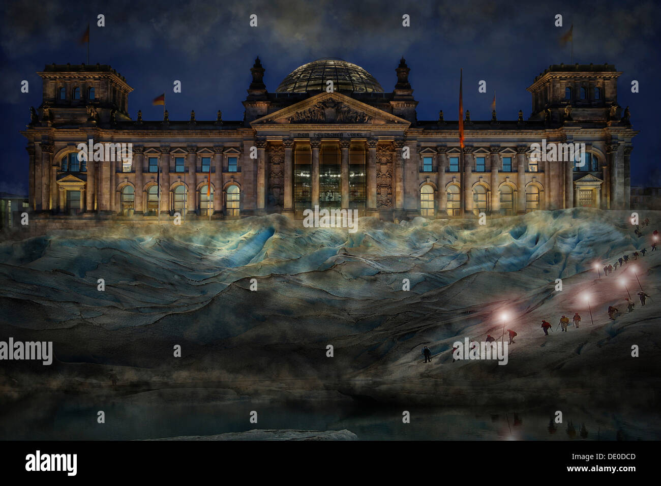 Montage, German Reichstag Building behind a glacier with a roped party, Government Quarter, symbolic image Stock Photo