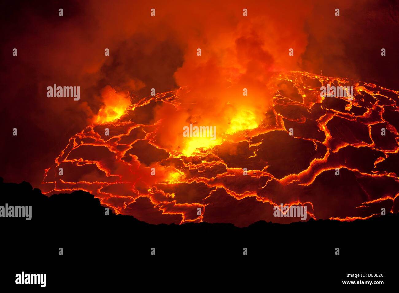 Boiling lava lake in the crater of Mount Nyiragongo volcano Stock Photo