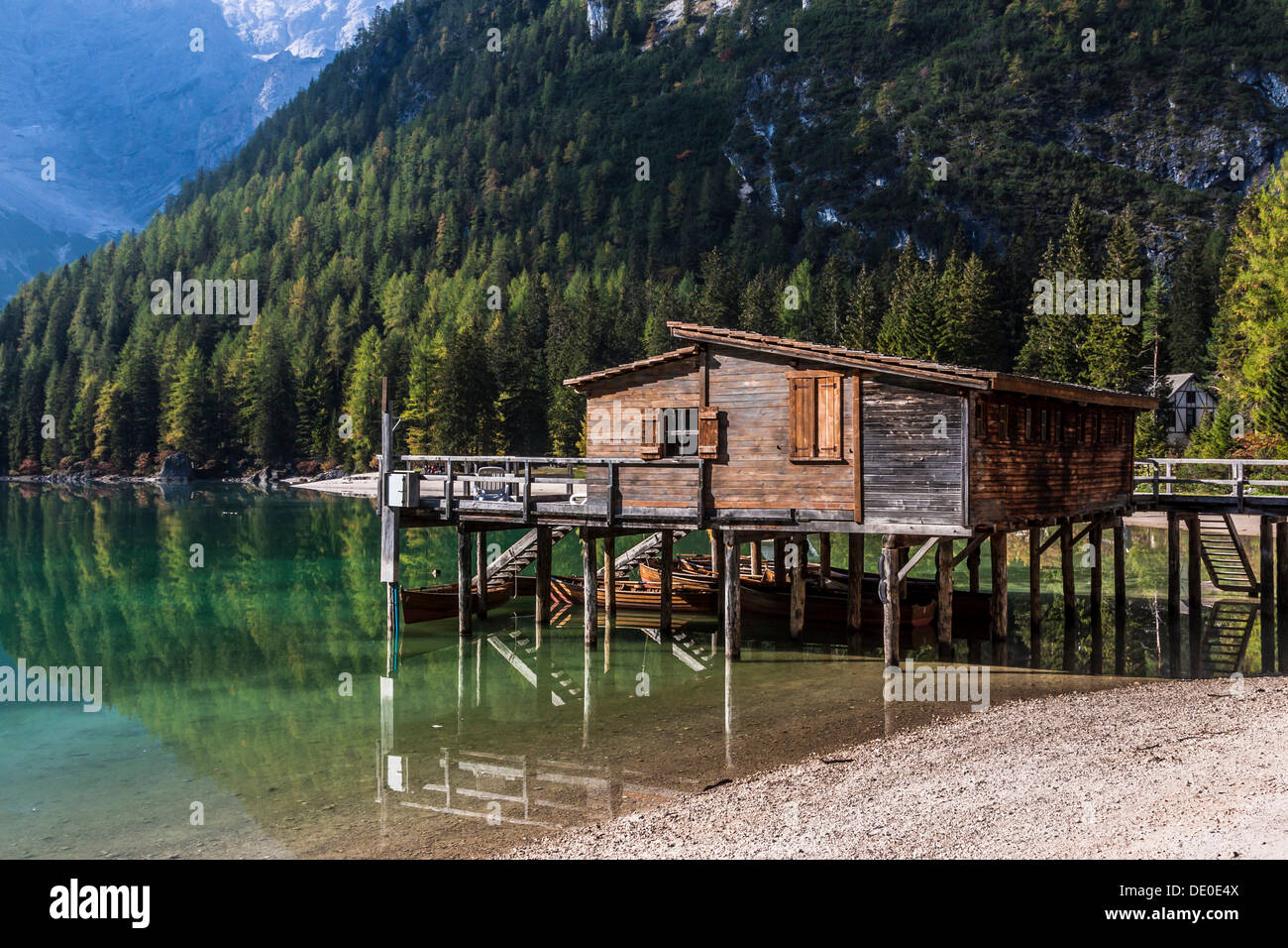 Boathouse On Lake Pragser Wildsee Lake Lago Di Braies Pragser
